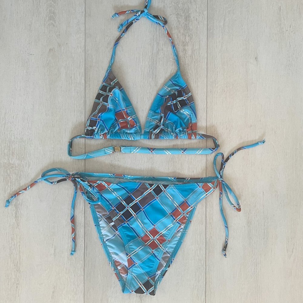 Vintage 90s Turquoise Plaid High-Waist String Bikini Set, Triangle Top Deadstock